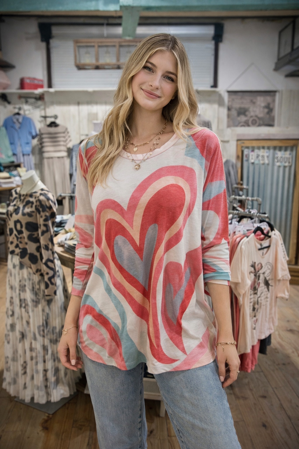 Heart print oversized top with jeans